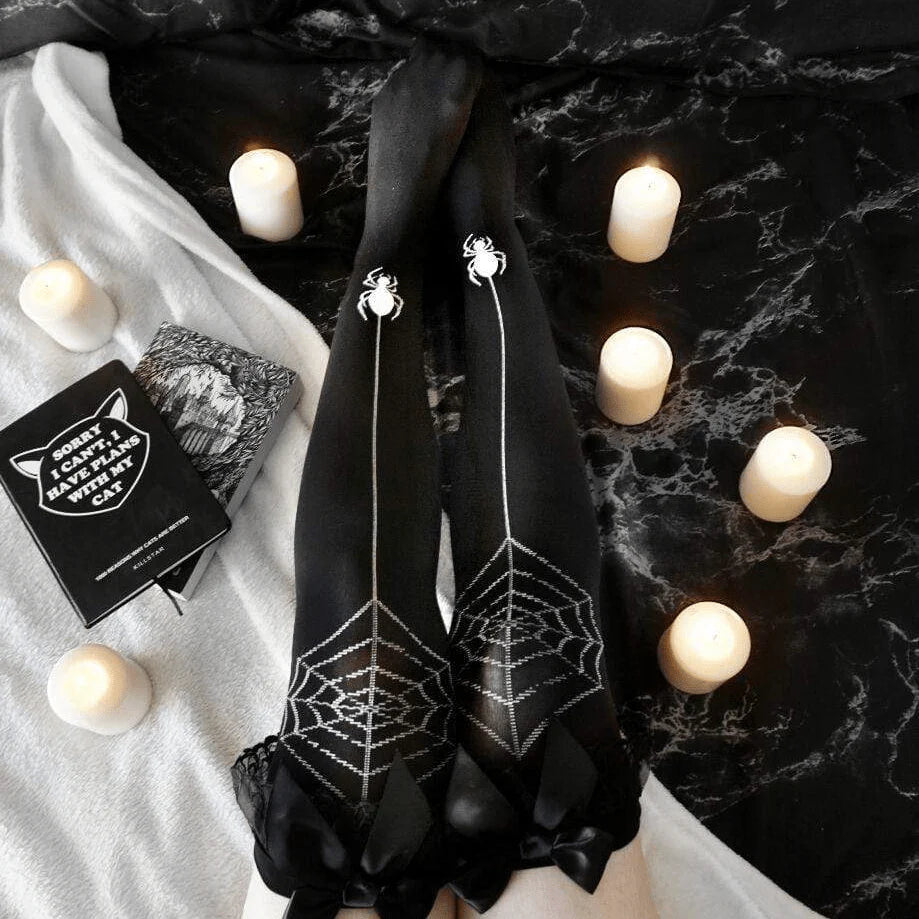Women’s Goth Spider Web Black Stockings With Bowknot