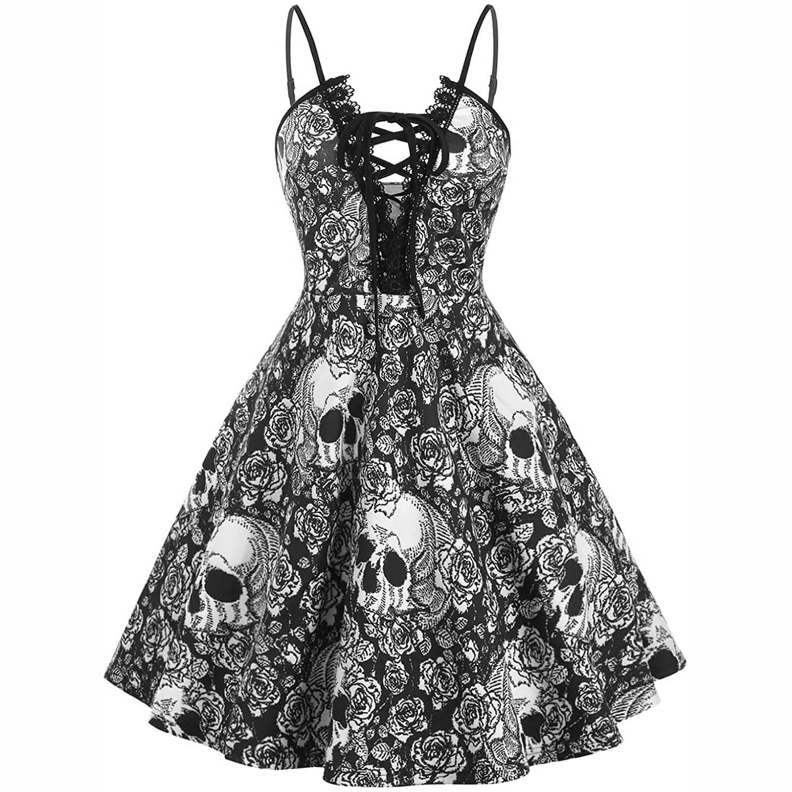 Women’s Gothic Lace-up Skull Print Slip Dress