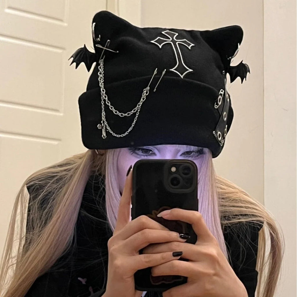 Women’s Grunge Cross Cat Ear Knitted Beanie Hat