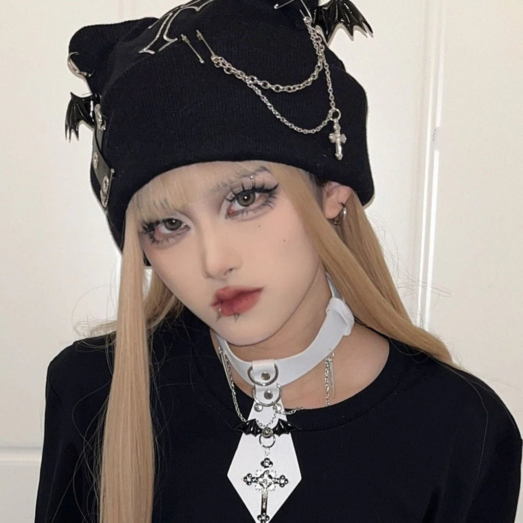 Women’s Grunge Cross Cat Ear Knitted Beanie Hat