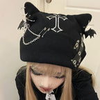 Women’s Grunge Cross Cat Ear Knitted Beanie Hat