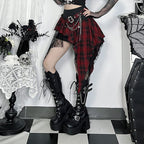 Women’s Grunge Irregular Lace Hem Plaid Skirt