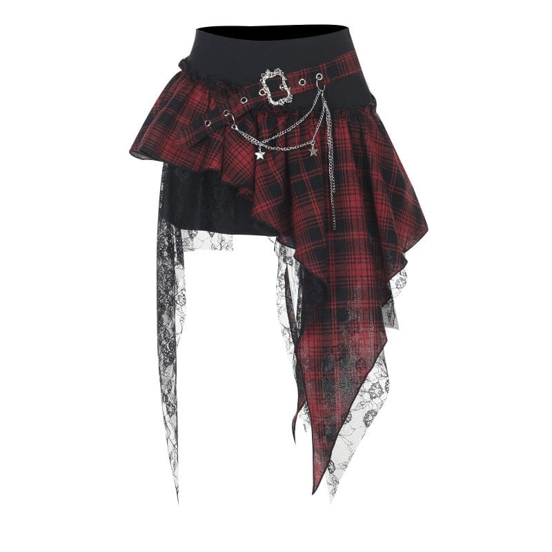 Women’s Grunge Irregular Lace Hem Plaid Skirt