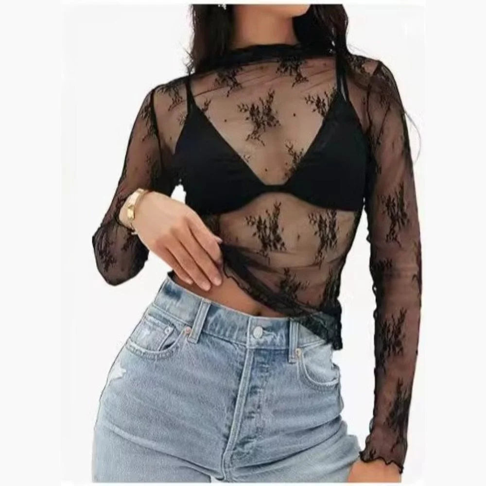 Women’s Grunge Lace Mesh Sheer Long Sleeve Top