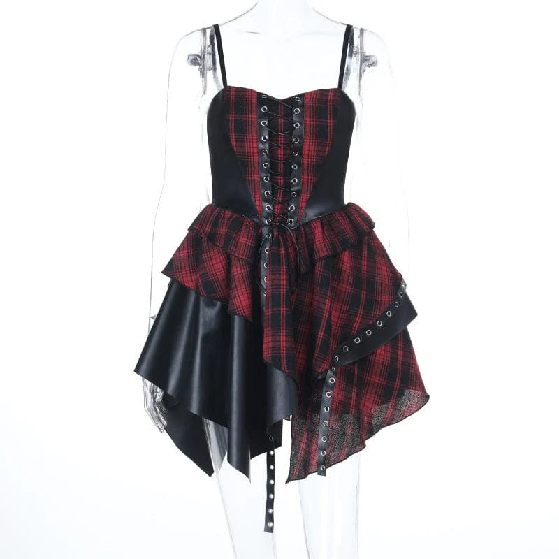 Women’s Grunge Plaid Irregular Lace-up Slip Dress