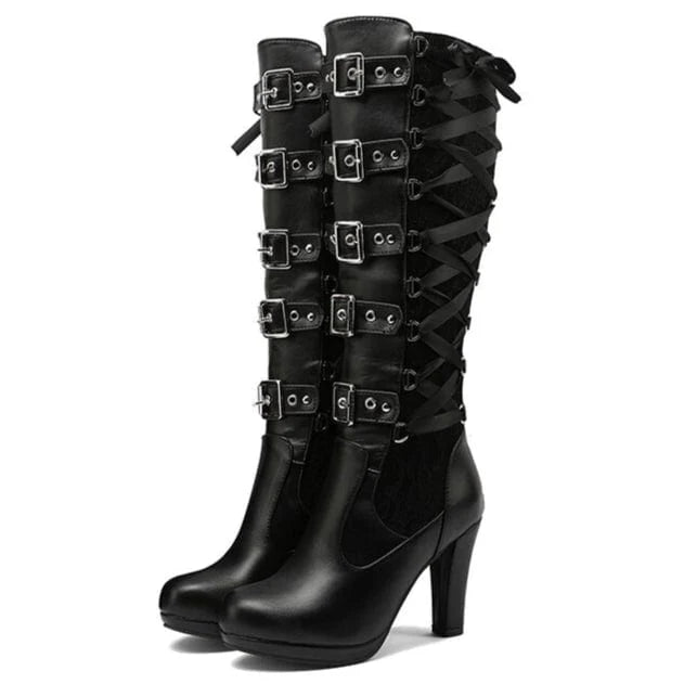 Women’s Punk Buckled Lace-up High Boots