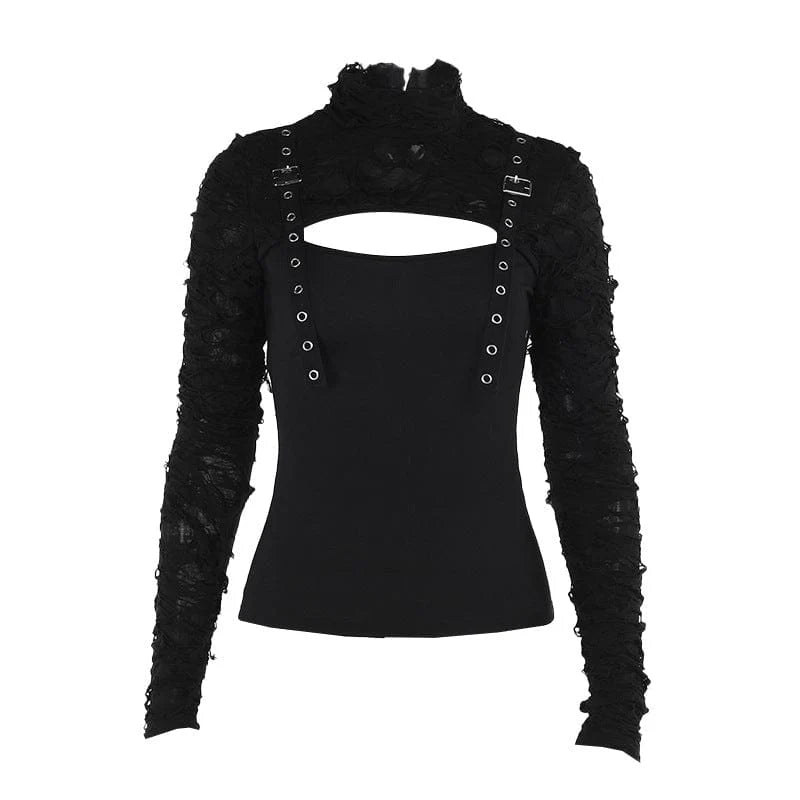 Women’s Punk Cut-out Buckle-up Long Sleeved Shirt