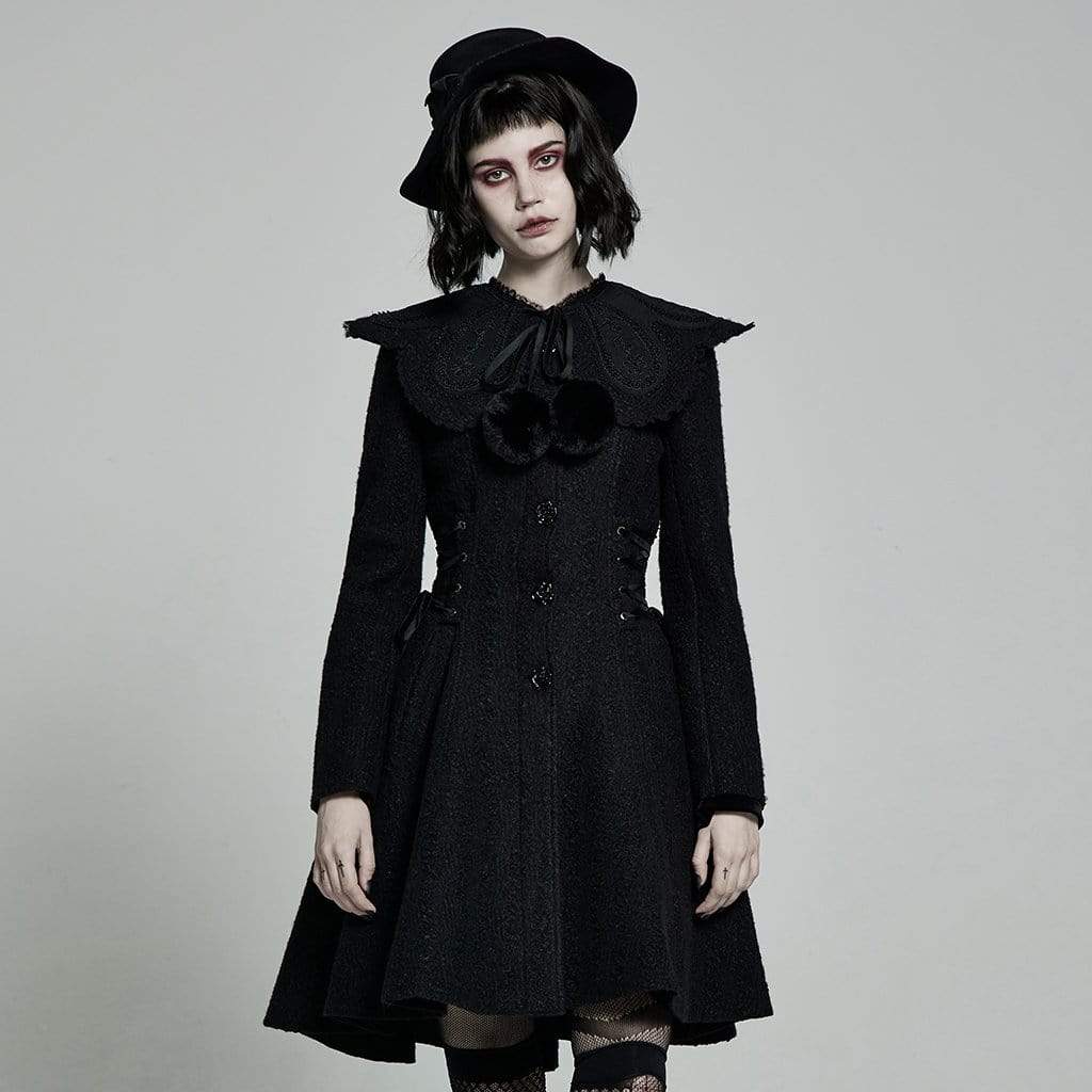 Women’s Lolita Black Woolen Coat With Removable Collar