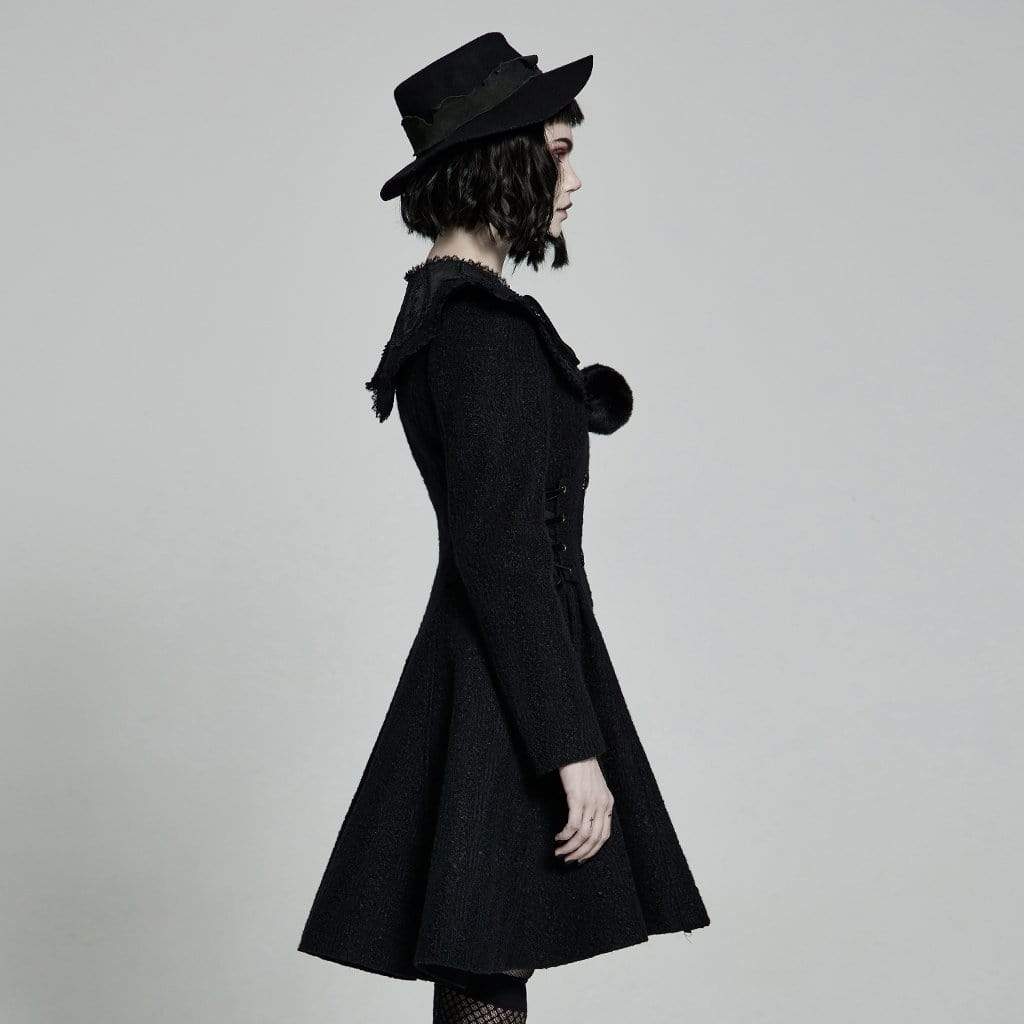 Women’s Lolita Black Woolen Coat With Removable Collar