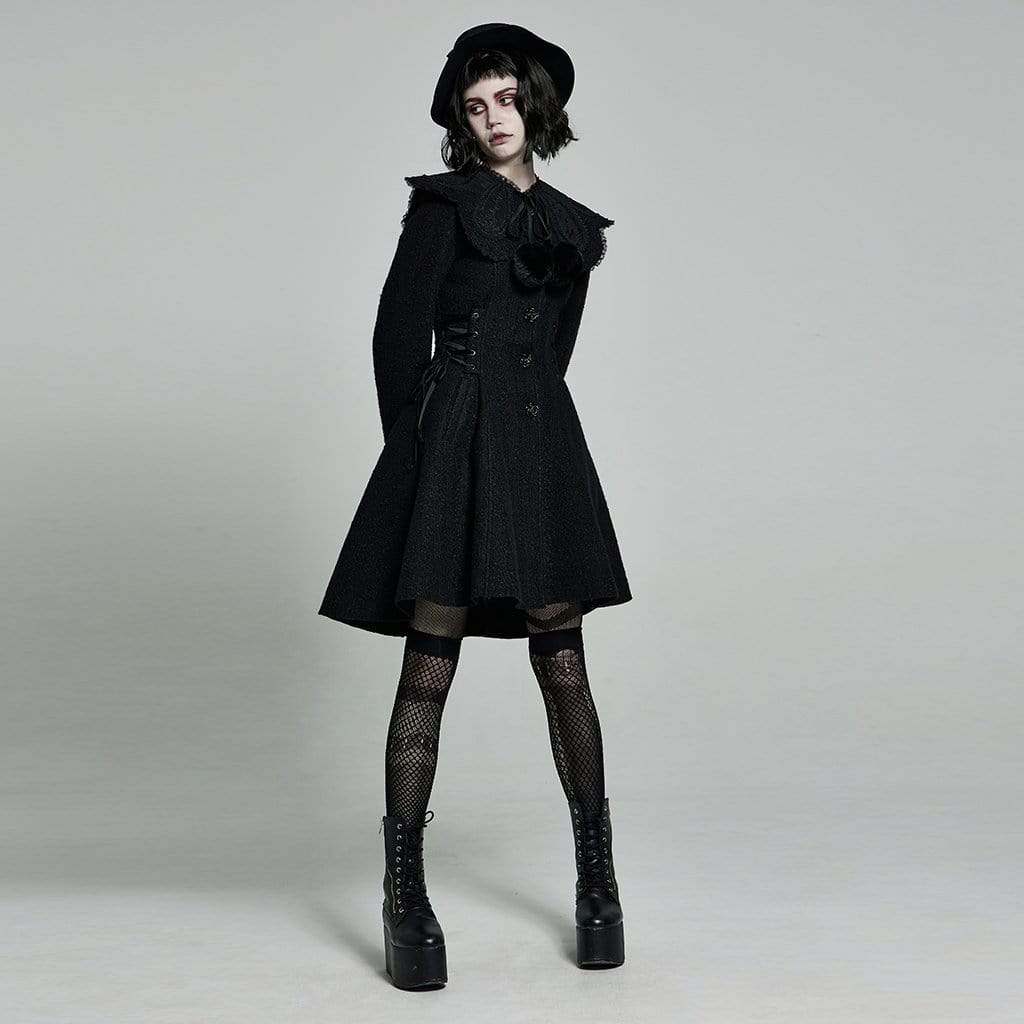 Women’s Lolita Black Woolen Coat With Removable Collar