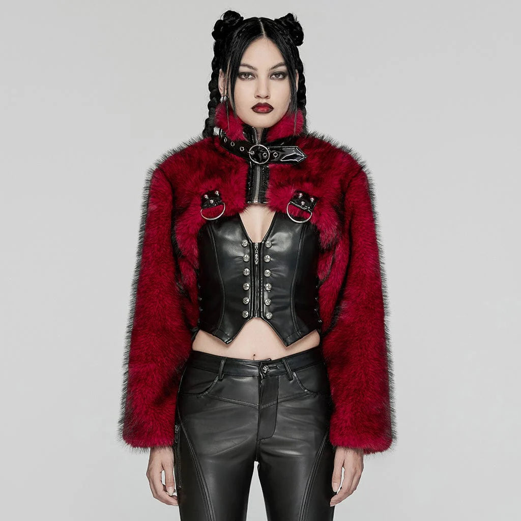 Women’s Punk Stand Collar Faux Fur Short Jacket Red