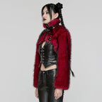 Women’s Punk Stand Collar Faux Fur Short Jacket Red