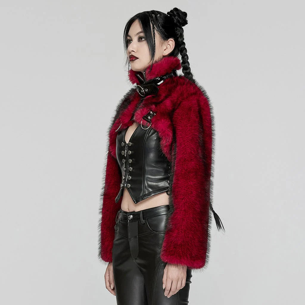 Women’s Punk Stand Collar Faux Fur Short Jacket Red