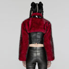 Women’s Punk Stand Collar Faux Fur Short Jacket Red
