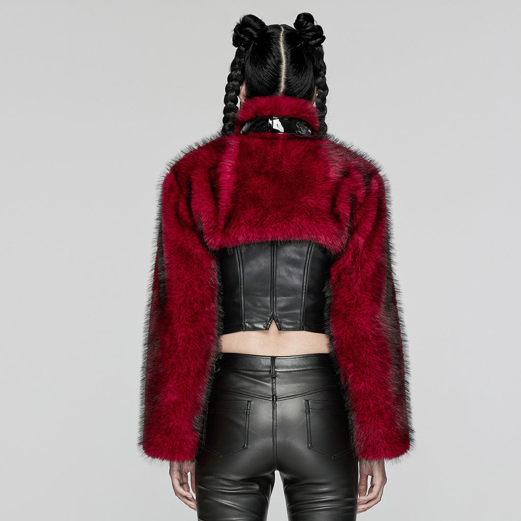 Women’s Punk Stand Collar Faux Fur Short Jacket Red