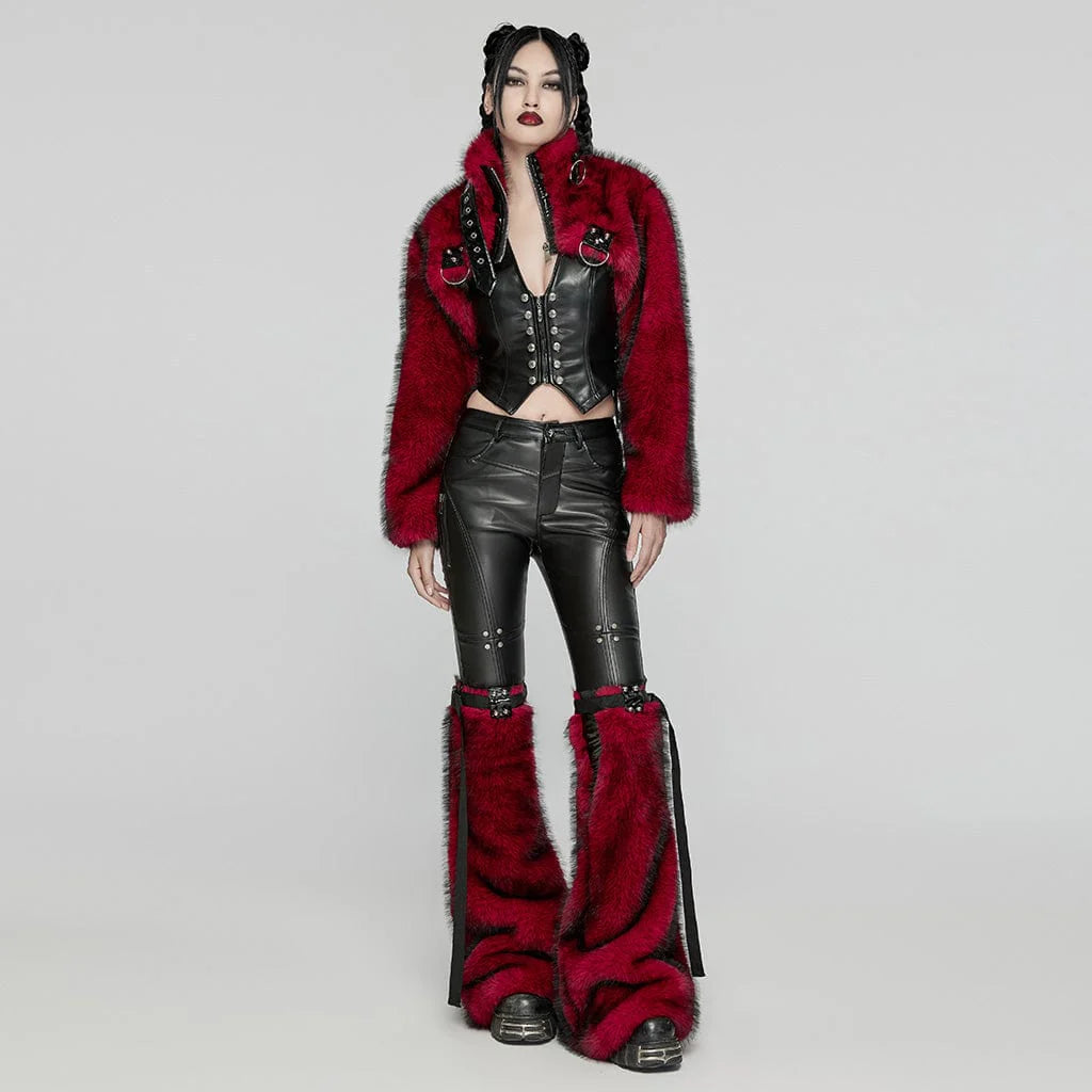 Women’s Punk Stand Collar Faux Fur Short Jacket Red