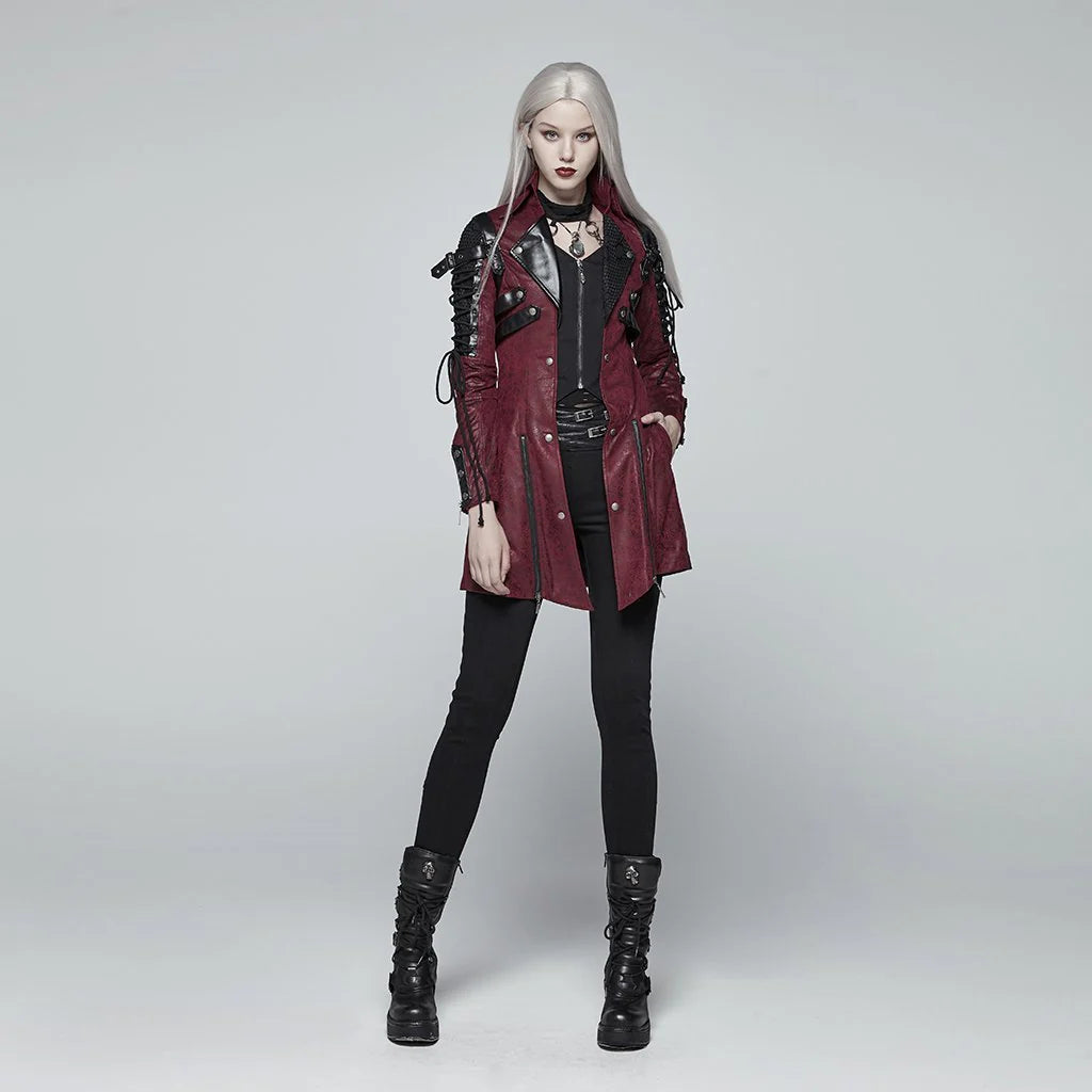 Women’s Punk Studded Faux Leather Zipper Red Jacket