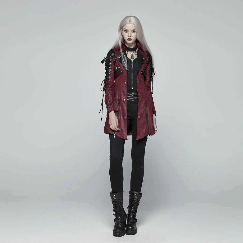 Women’s Punk Studded Faux Leather Zipper Red Jacket